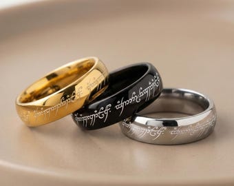 Tungsten Lord Of The Rings Ring, Elvish Engraved One Ring Replica, 6mm Unisex Scratch Resistant Wedding Band, LOTR Fan Gift