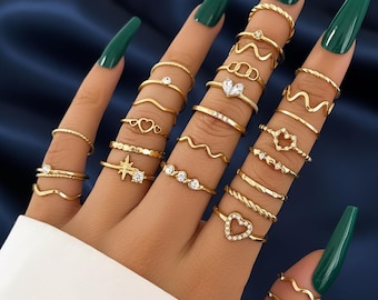 Gold Stacking Ring Set | Heart & Wave Rings | Dainty Adjustable Jewelry