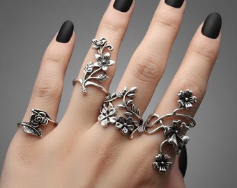 Boho Flower Ring Set | Vintage Silver Adjustable Rings | Floral Nature Jewelry for Women