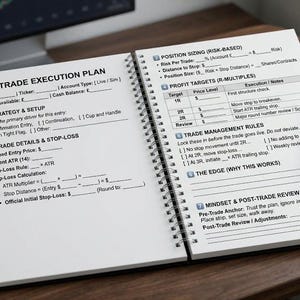 May include: An open notebook titled "PRO TRADE EXECUTION PLAN" with detailed trading strategies and stop-loss calculations. Two pens, one gold and one black, lie on the wooden desk. Books and a computer monitor with a stock chart are in the background.