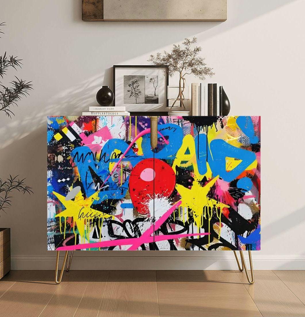 Graffiti Colorful Credenza, Entryway Buffet, Wood Storage Cabinet