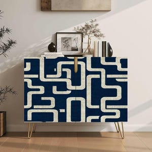 Blue Geometric Cabinet, Wooden Entryway Buffet, Blue Sideboard USA Made