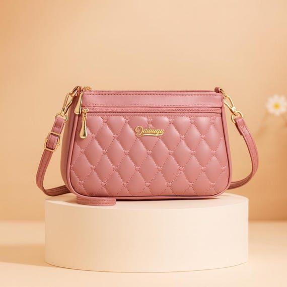 Pink Quilted Crossbody Bag for Women – Soft PU Leather 