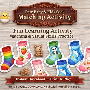 Puede incluir: Un letrero de madera que dice "Cute Baby & Kids Sock Matching Activity" está encima de ilustraciones de calcetines coloridos. Los calcetines presentan diseños como arcoíris, fresas, pandas y delfines. Una divertida actividad de aprendizaje.