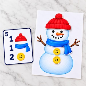 Klä snögubben utskrivbar PDF, färgmatchnings- och räkningsspel för förskola i vinter