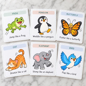 May include: Six rectangular educational cards featuring colorful animal illustrations and text. The cards depict a green frog, a black and white penguin, an orange butterfly, an orange tabby cat, a gray elephant, and a blue bird with action phrases.