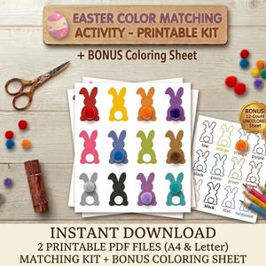 May include: Easter-themed printable kit with colour matching activity and bonus colouring sheet. Features colourful bunny cutouts with matching pom-pom tails. Includes scissors, coloured pencils, and text: "Easter Color Matching Activity - Printable Kit".