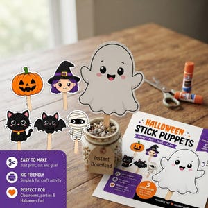 Stick Puppet Halloween Printable, 5 Character PDF Cut and Paste Craft for Preschool
