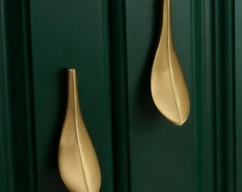 Brass Leaf Knob: Golden Cabinet Handles, Unique Drawer Pulls
