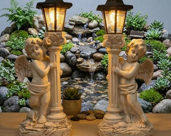 Estátua de anjo solar para jardim, lanterna LED, decoração externa à prova d'água, luz de querubim para quintal e pátio, presente memorial para mãe, presente de condolências, Páscoa
