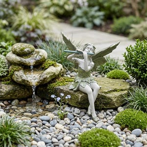 Puede incluir: Estatua de jardín de un hada tocando la flauta. El hada, con alas y vestido verdes, está sentada en una roca. La escena incluye una pequeña fuente de agua, rocas y varias plantas, creando un ambiente de jardín tranquilo.