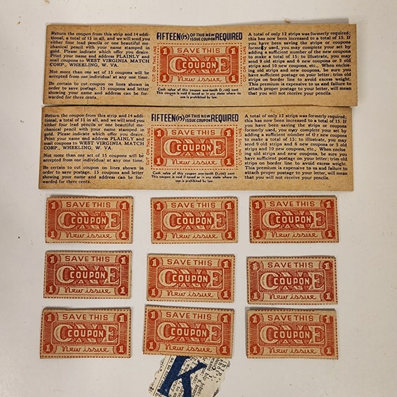 11 Antique coupons red lettered cardboard pencil coupons West Virginia Match Co vintage paper art supplies ephemera lot junk journal collage