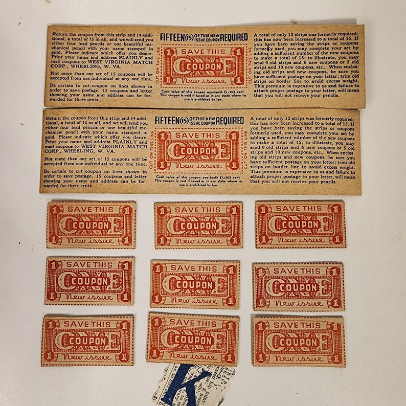 May include: A sheet of coupons with the text "Save This Coupon New Issue" printed on each coupon. The coupons are red and white and have a border around them. The text "Fifteen (15) of this new issue required" is printed at the top of the sheet.