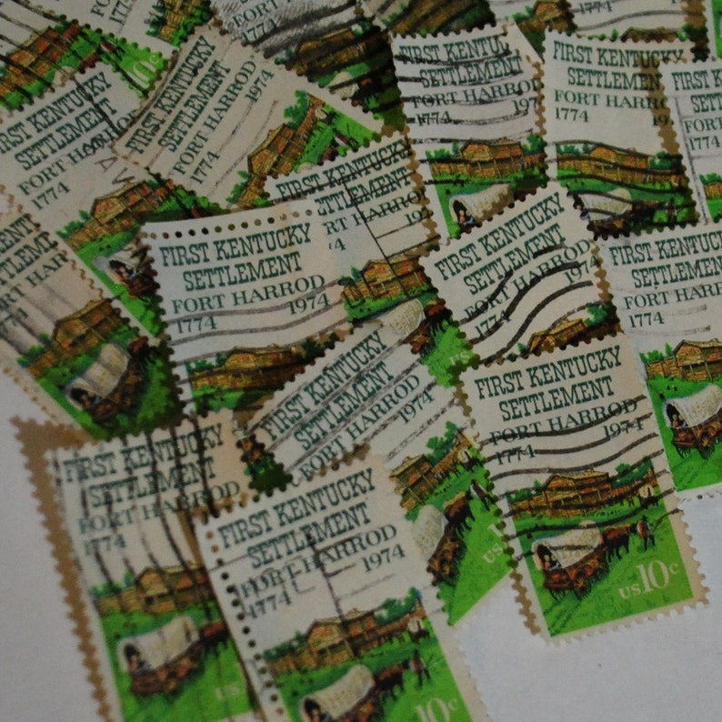 50 green postage stamps 1974 Kentucky Fort Harrod image used cancelled lot Vintage paper art supplies ephemera lot