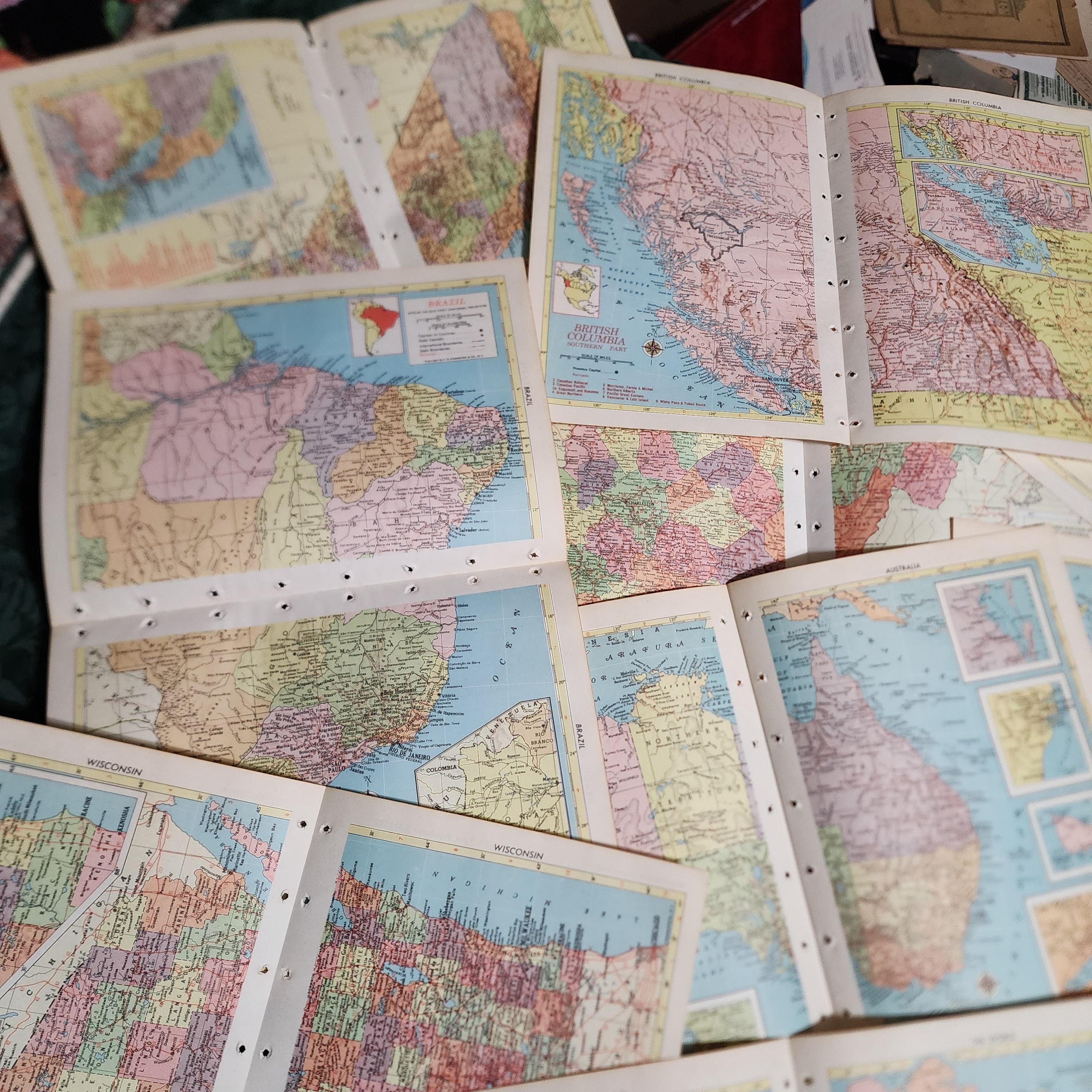 8 Map Book Pages Full Color 1950's Maps 4 Double Pages US States Other ...