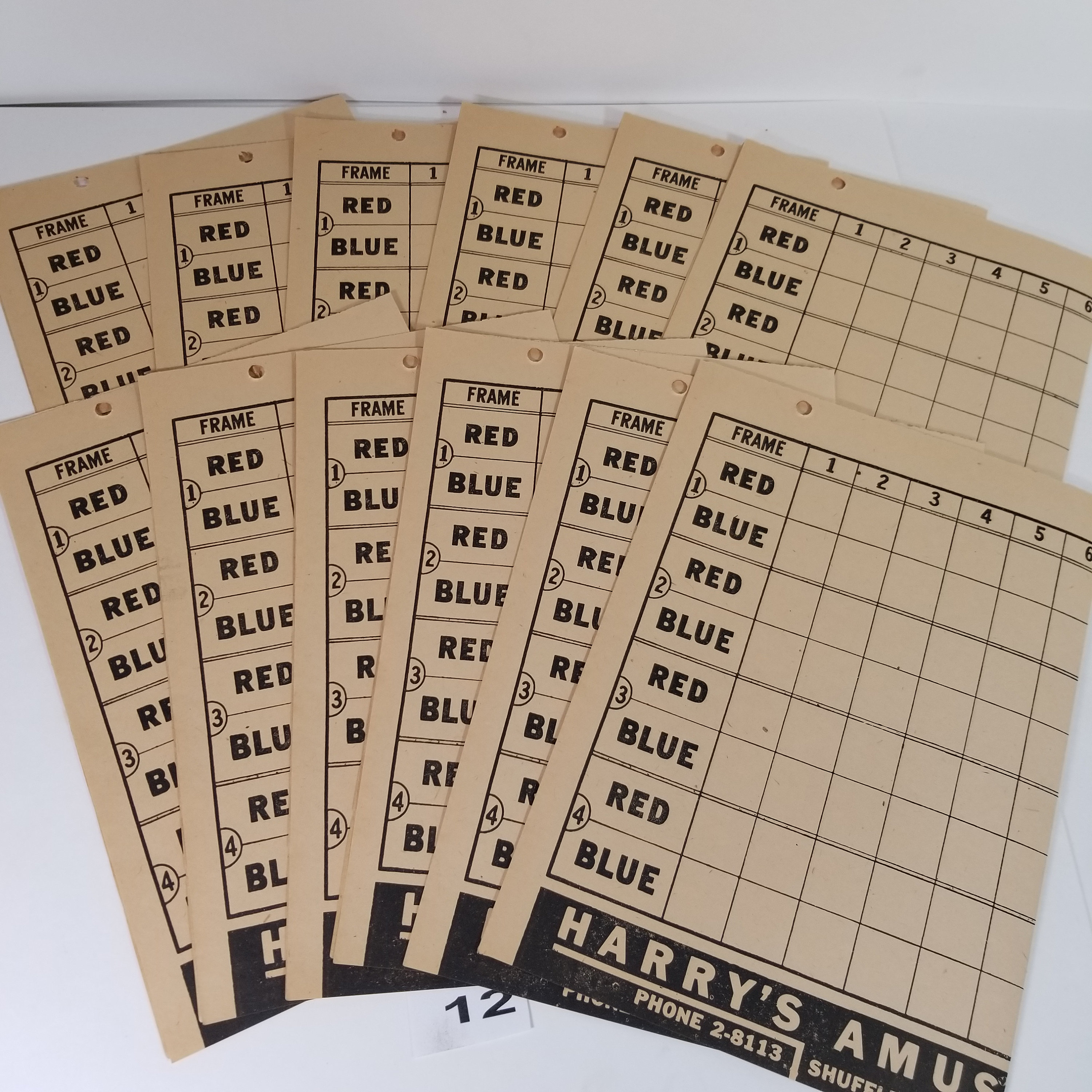 6 sheets shuffleboard scoring pages forms sepia tone 1940's Bay City Mich Vintage paper art supplies ephemera lot