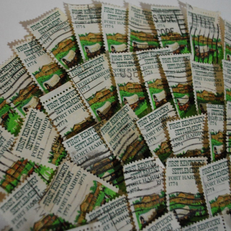 50 green postage stamps 1974 Kentucky Fort Harrod image used cancelled lot Vintage paper art supplies ephemera lot