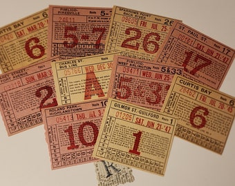 10 1940's bus tickets transfer passes red numbers dated mix of sepia pink Vintage paper art supplies ephemera lot collage junk journal R