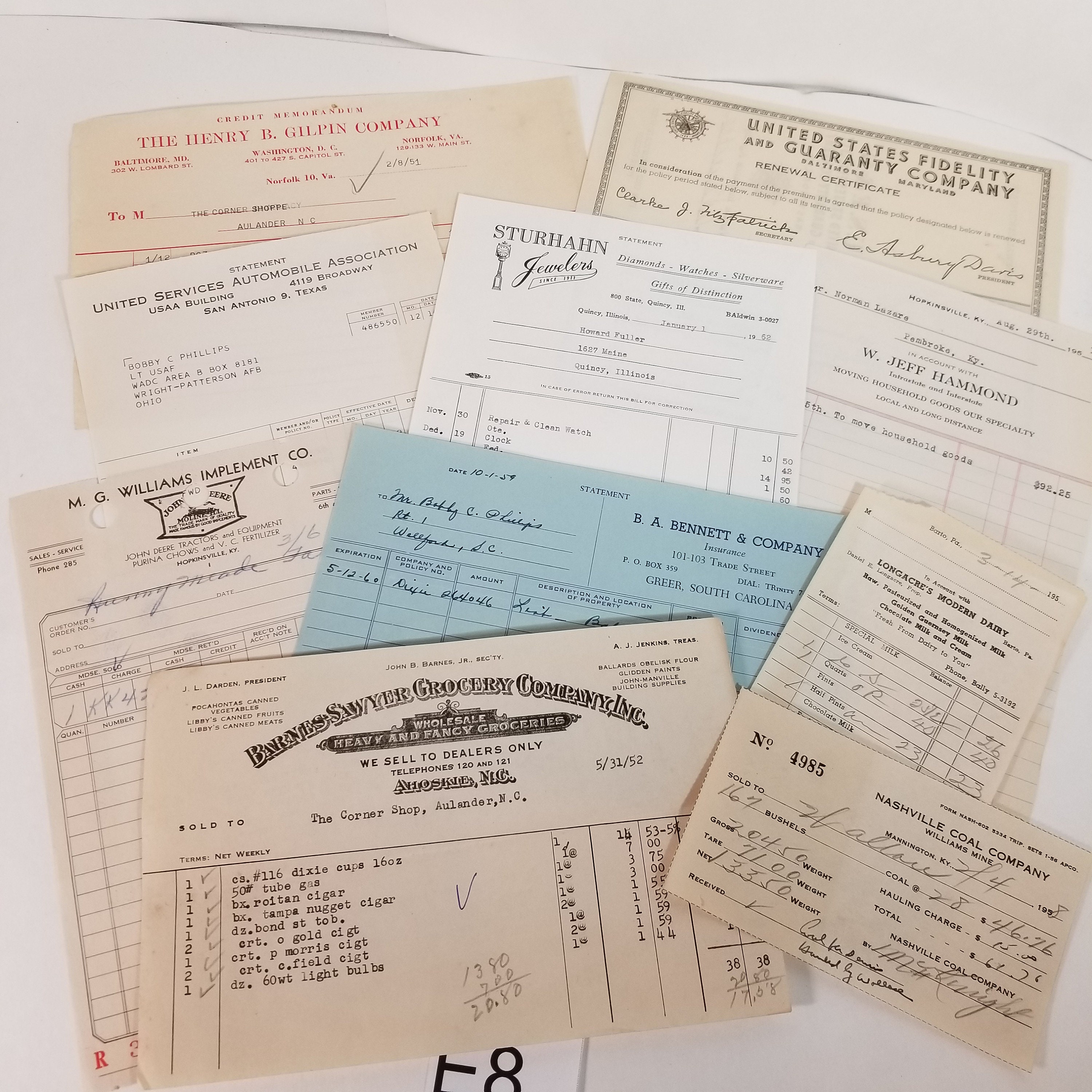 10 handwritten typed receipts dates numbers 1950s vintage