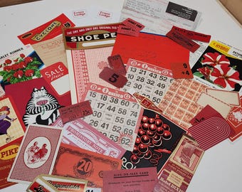 50 pieces of red ephemera junk journal sample pack mixed lot red paper pack cards labels tickets vintage paper art supplies ephemera lot M46