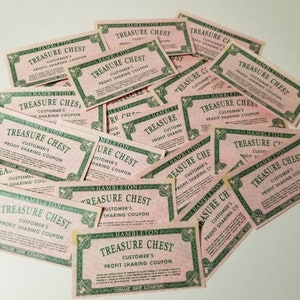 May include: A pile of pink and green vintage coupons with the text "Treasure Chest Customer's Profit Sharing Coupon" printed on them. The coupons are from Hambleton.