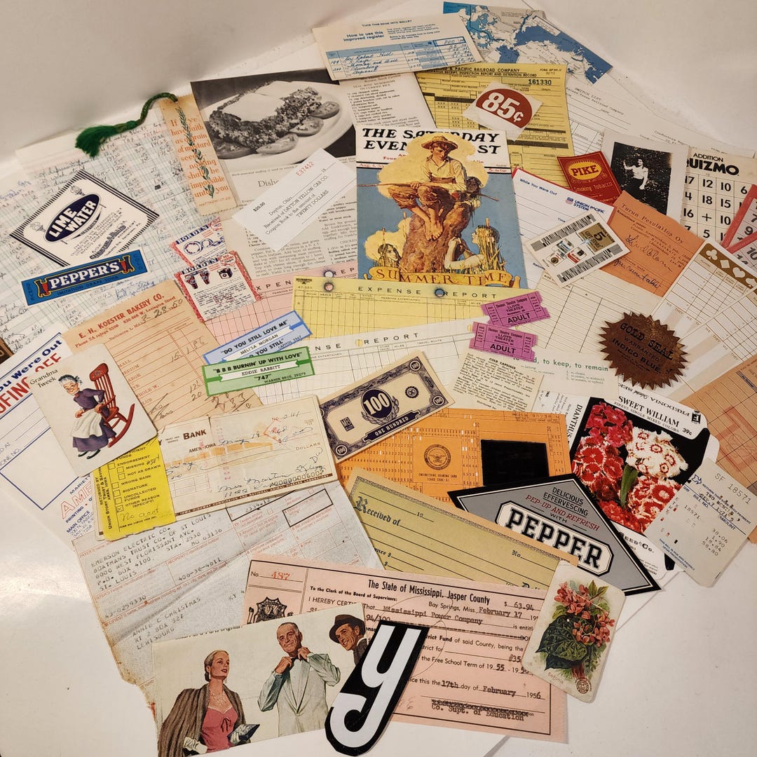 50 Piece Junk Journal Ephemera Pack Sample Pack Checks Receipts Cards ...