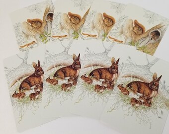 8 brown woodland playing cards with squirrels rabbits baby bunnies trees forest scene baby animals vintage paper art supplies ephemera lot