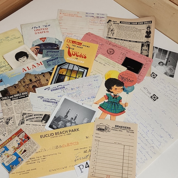 26 pc 1960's junk journal paper pack receipts clippings cards photos handwritten checks vintage paper art supplies paper ephemera lot P4