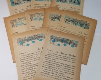 9 vintage book pages chapter book title pages with blue illustrations vintage paper art supplies ephemera lot F