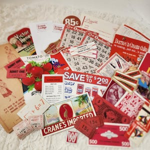 35 pieces of red ephemera color lot sample pack cards tickets papers labels vintage paper art supplies collage junk journal supplies W