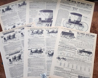 6 Sears catalog book pages Vehicle advertising wagons surreys buggies carts 1902 reproduction Vintage paper art supplies ephemera lot B