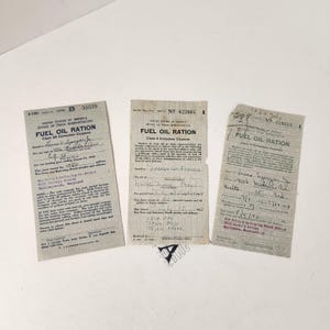 3) 1940s WWII fuel oil ration sheets handwritten ration forms 1940s Home Front papers Vintage paper art supplies ephemera lot A