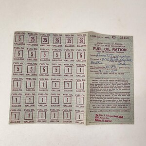 1940s WWII fuel oil ration stamp sheet handwritten ration form with coupons 1940s Home Front papers Vintage paper art supplies ephemera lot