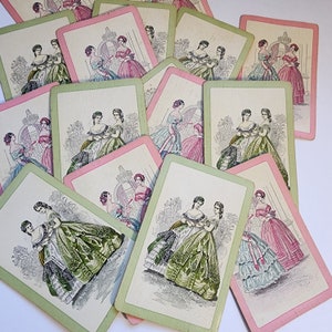 6 Godey&#39;s playing cards Ladies magazine fashion illustrations pink or green border Victorian women vintage paper art supplies ephemera lot