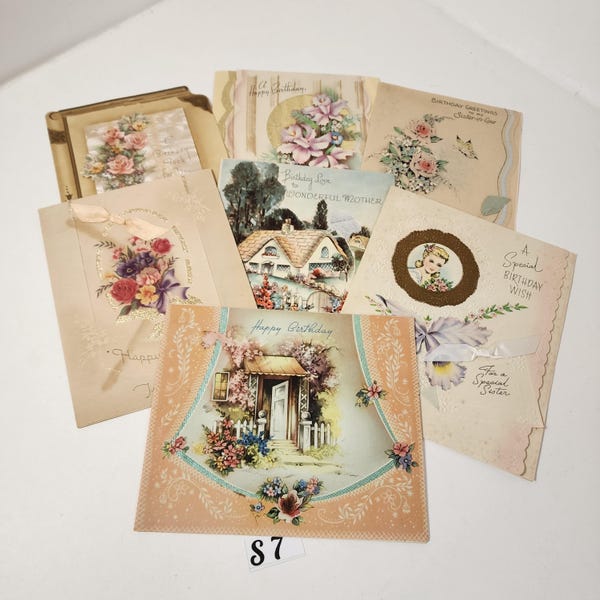 7 vintage Birthday cards 1930's 1940's greeting cards vintage paper art supplies ephemera lot junk journal S7