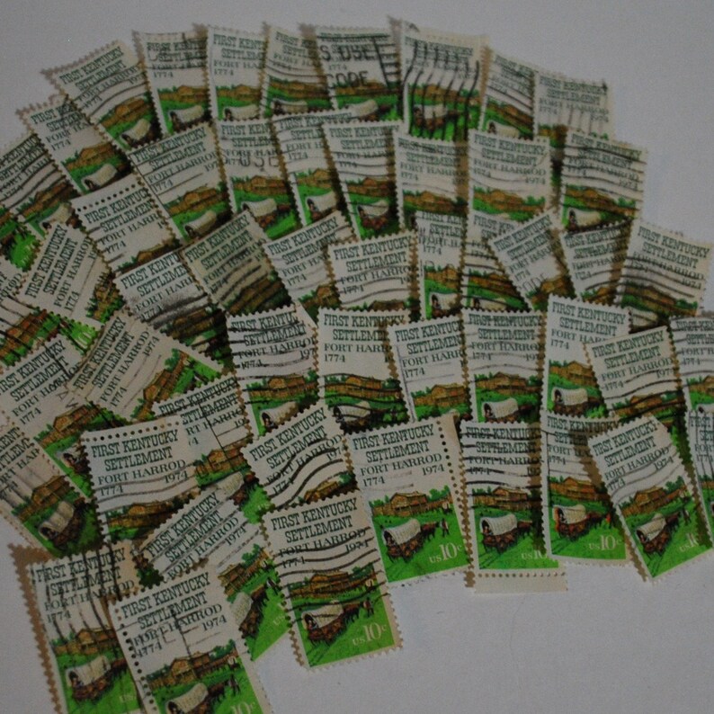 50 green postage stamps 1974 Kentucky Fort Harrod image used cancelled lot Vintage paper art supplies ephemera lot