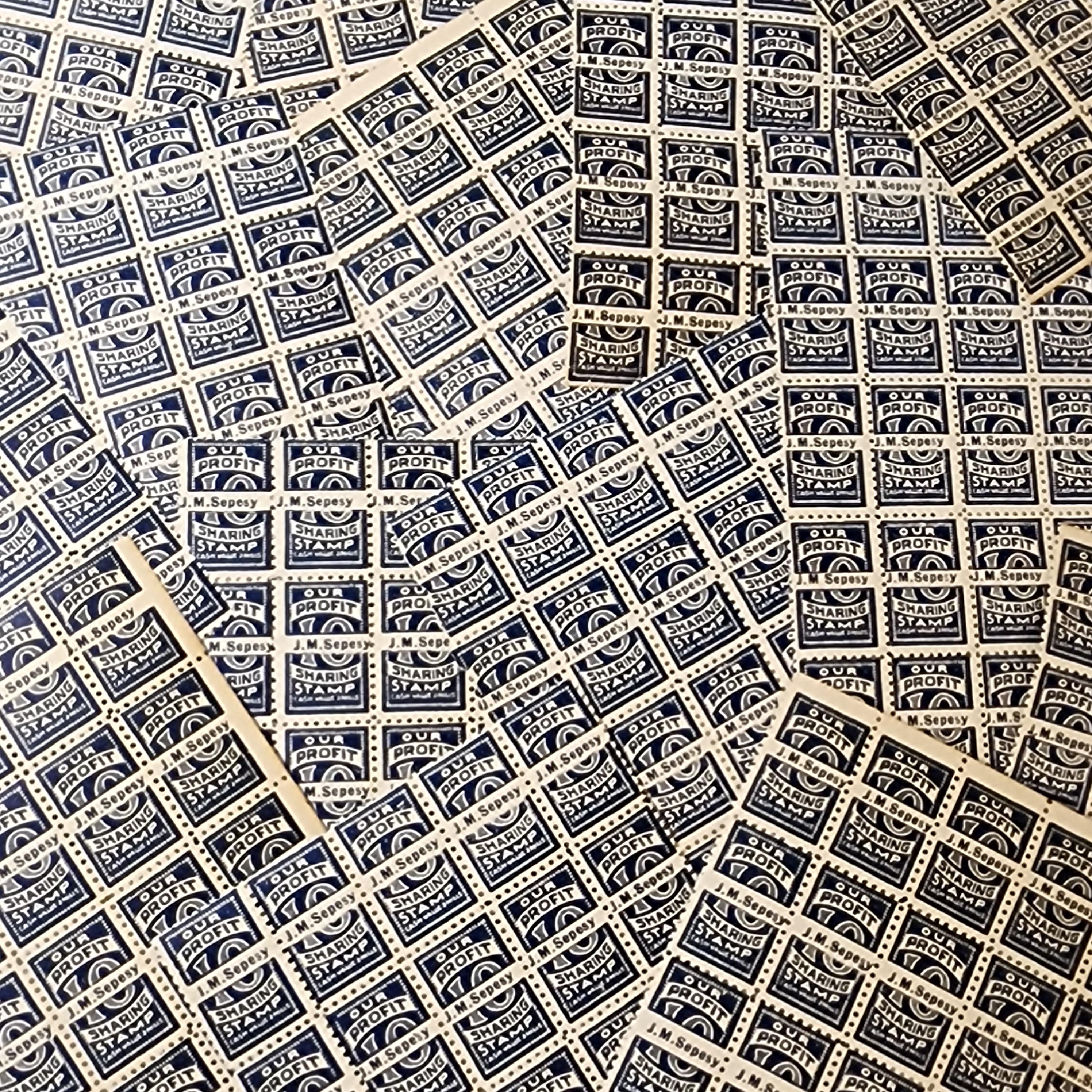 75 vintage trading stamps 3 sheets of 25 savings stamps blue white J M Sepesy Our Profit stamps Vintage paper art supplies ephemera lot