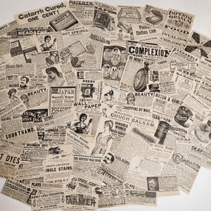 May include: A collage of vintage newspaper clippings and advertisements. The clippings feature various products and services, including medicine, beauty products, clothing, and food. Some of the text includes "Catarrh Cured, One Cent!" and "Pozzoni's Complexion Powder: No Money!"
