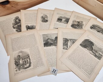 10 Antique book pages 1860 light sepia tone paper with illustrations text vintage paper art supplies ephemera lot junk journal H48