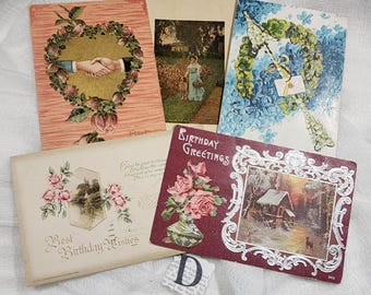 5 antique birthday postcards 1911 - 1920 Victorian greeting cards vintage paper art supplies ephemera lot collage junk journal D