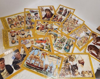 2 Victorian die cut sheets embossed reproductions Father Christmas cats boys ships England vintage paper art supplies ephemera lot