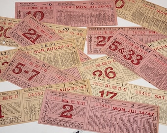 1940s bus tickets 6 or 12 transfer passes mix sepia pink red number Vintage paper art supplies ephemera lot collage junk journal L Ii