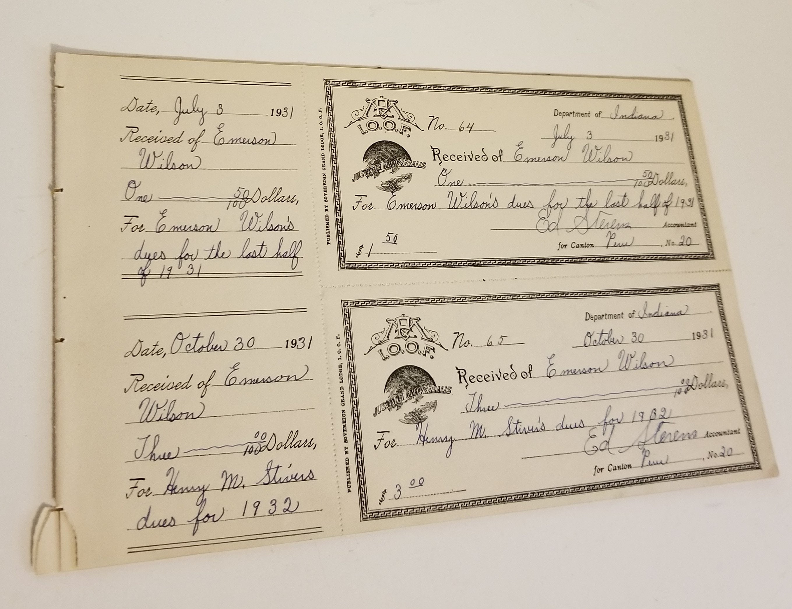 1930s handwritten receipt pages lodge fees antique papers