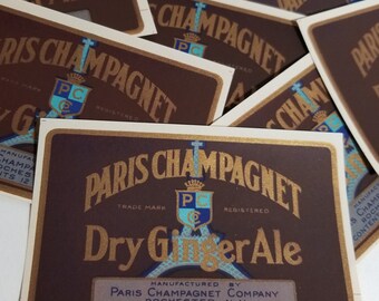 7 vintage soda labels Ginger Ale soft drink Paris Champagnet brown label Vintage paper art supplies ephemera lot collage junk journal