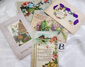5 antique Birthday postcards 1911 - 1920 Victorian Greeting cards vintage paper art supplies ephemera lot collage junk journal B