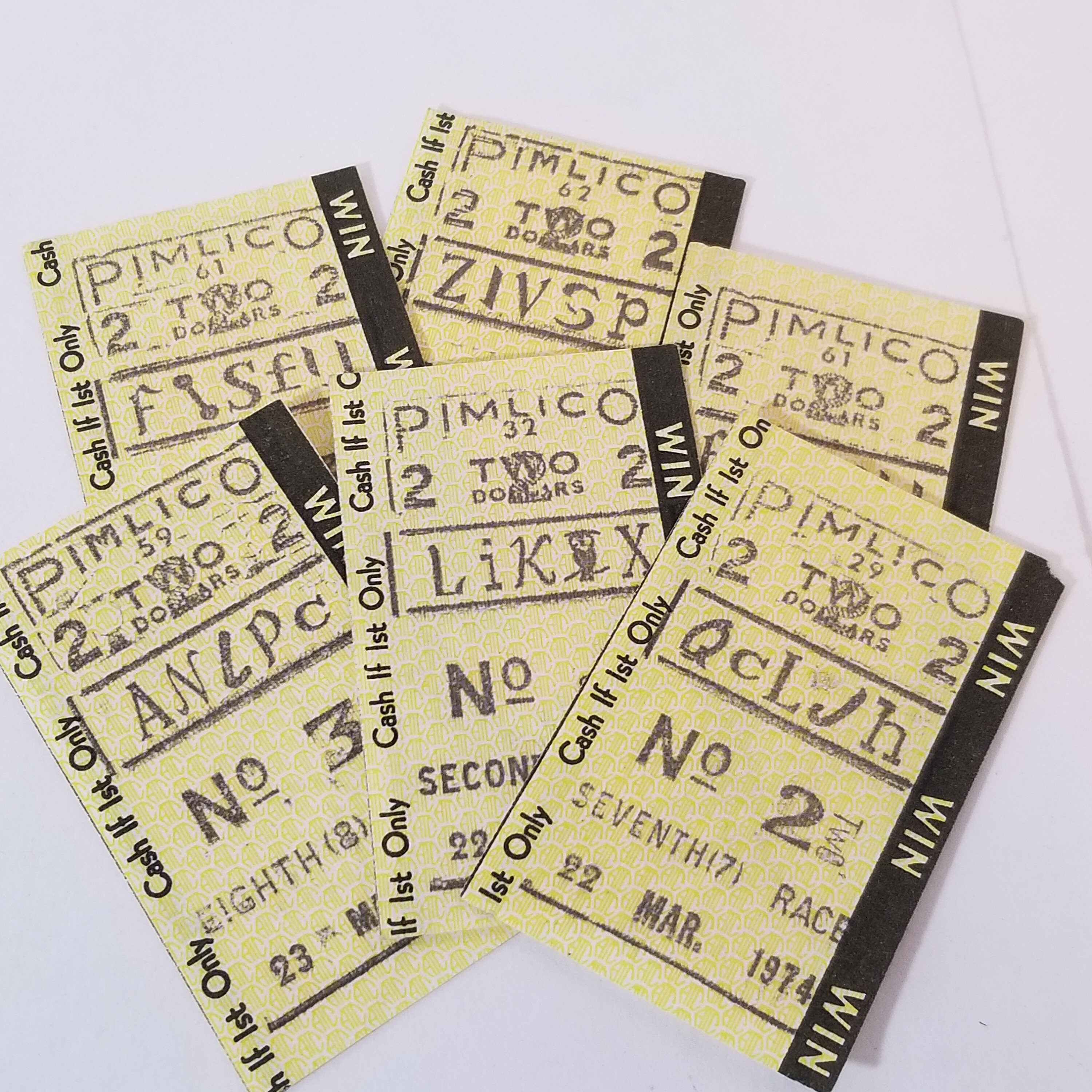 6 Yellow Horse Racing Ticket Betting Tote Slips Colorful Lot