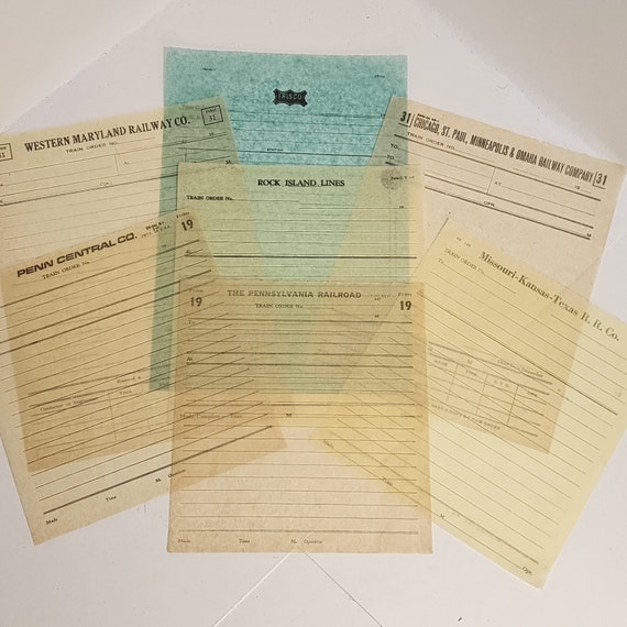 7 railroad forms train order form sample pack aqua yellow white sepia paper pack vintage paper art supplies ephemera lot junk journal 7mx