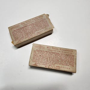 vintage drugstore slide boxes with red label and 3 metal thermometer holders Pharmacy display prop The pictured thermometer is not included.