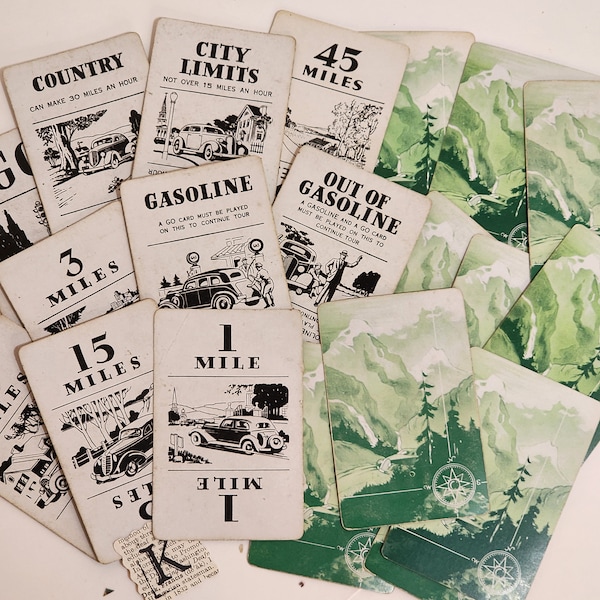 10 vintage TOURING game cards antique cars travel game 1940's version green backs mountain scene Vintage paper art supplies ephemera lot K