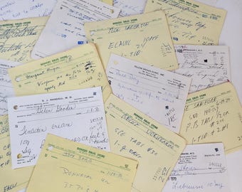 May include: A collection of yellow prescription slips with handwritten notes. The slips are from different pharmacies and doctors. Some of the slips have dates from the 1970s. The slips include names, dosages, and instructions for medication.